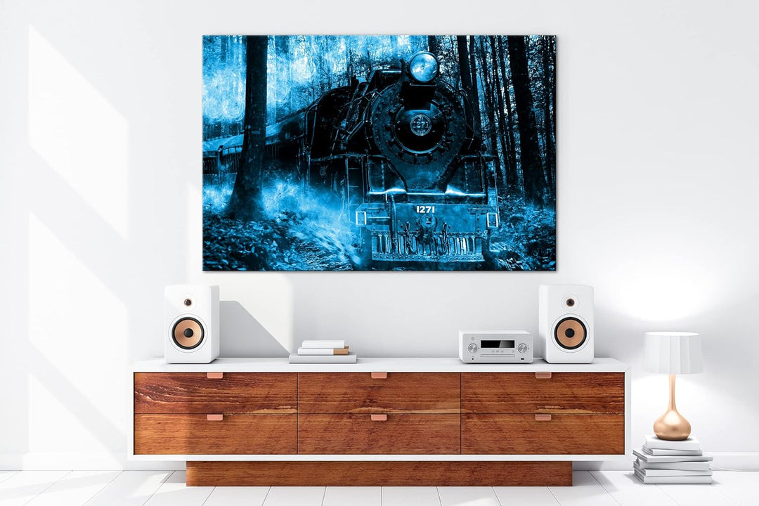 deyoli gewaltige Lokomotive im Wald Format 80x60 Effekt: Monocrome Blau als Leinwandbild, Motiv fert