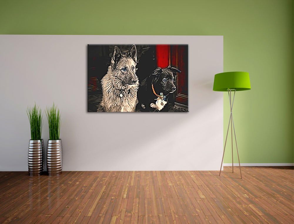 zwei Hunde auf dem Teppich Deluxe Format: 100x70 cm auf Leinwand, XXL riesige Bilder fertig gerahmt