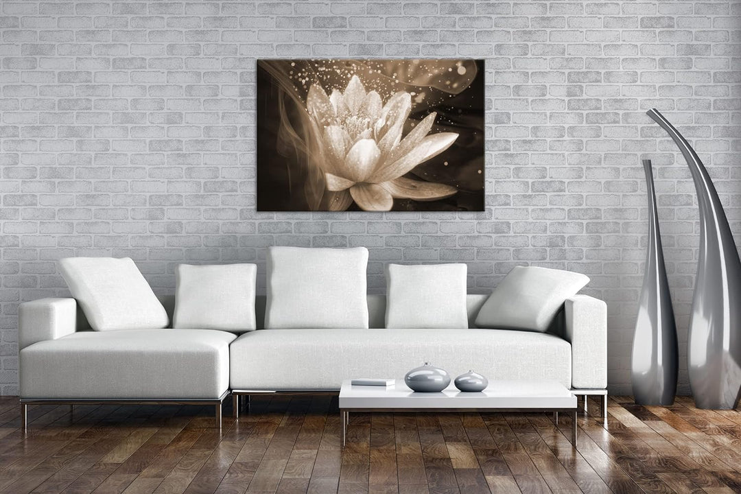 Lotus Seerose Format: 80x60 Effekt: Sepia als Leinwandbild, Motiv fertig gerahmt auf Echtholzrahmen,