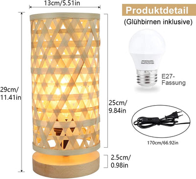 Depuley Modern LED Tischlampe Rund aus Bambus und Holz, Dekorative Nature Tischleuchte mit E27-Fassu