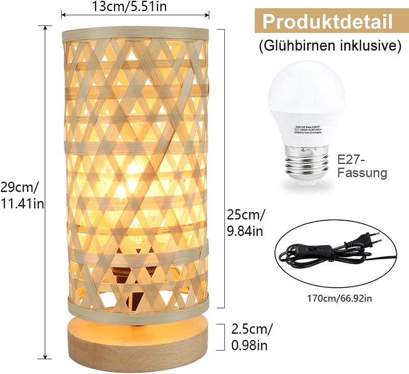 Depuley Modern LED Tischlampe Rund aus Bambus und Holz, Dekorative Nature Tischleuchte mit E27-Fassu