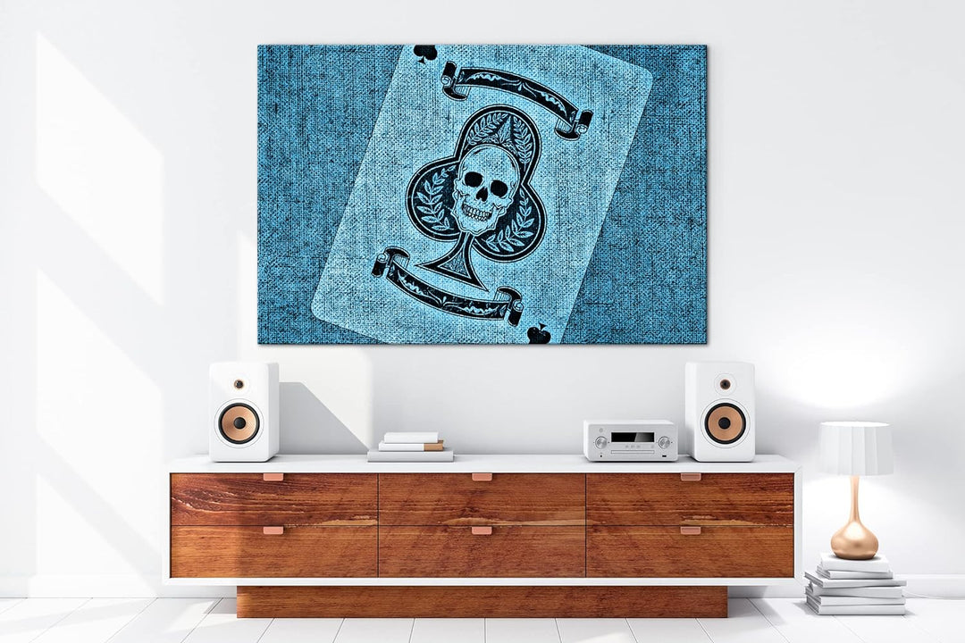 deyoli Spielkarte Ass Kreuz Format 80x60 Effekt: Monocrome Blau als Leinwandbild, Motiv fertig gerah