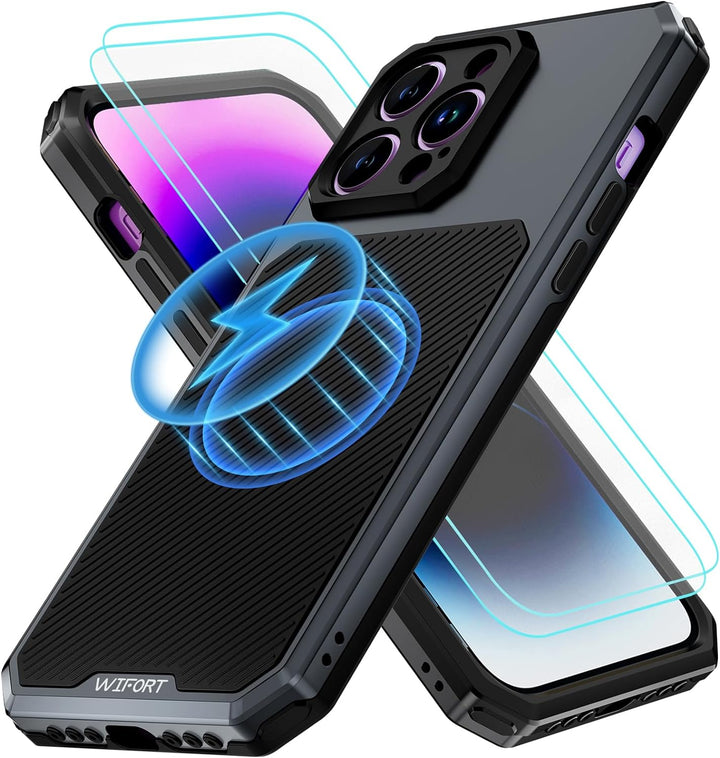 WIFORT Magnetisch Metall Hülle für iPhone 14 Pro Max Kompatibel mit MagSafe, mit 2 Stück Schutzglas,