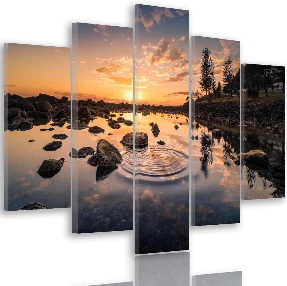Feeby Bilder Sonnenuntergang 150x100 cm - Leinwandbild 5 Teilig XXL Kunstdruck orange Leinwandbild X