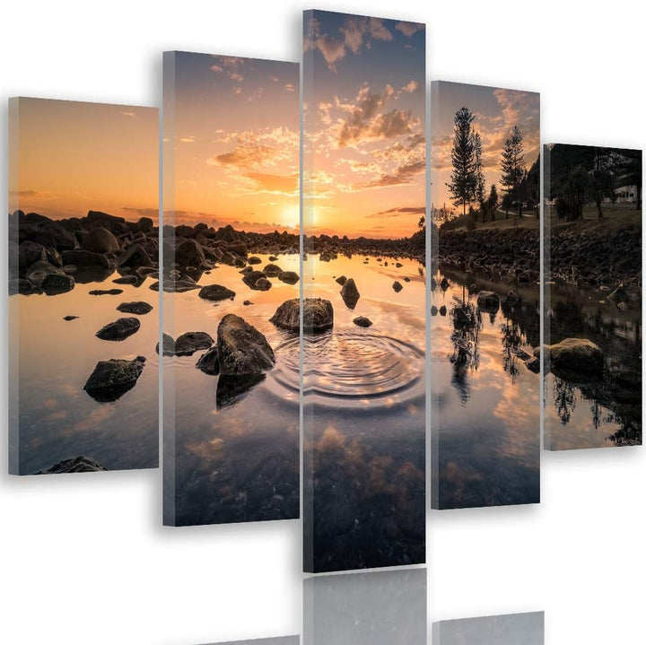 Feeby Bilder Sonnenuntergang 150x100 cm - Leinwandbild 5 Teilig XXL Kunstdruck orange Leinwandbild X