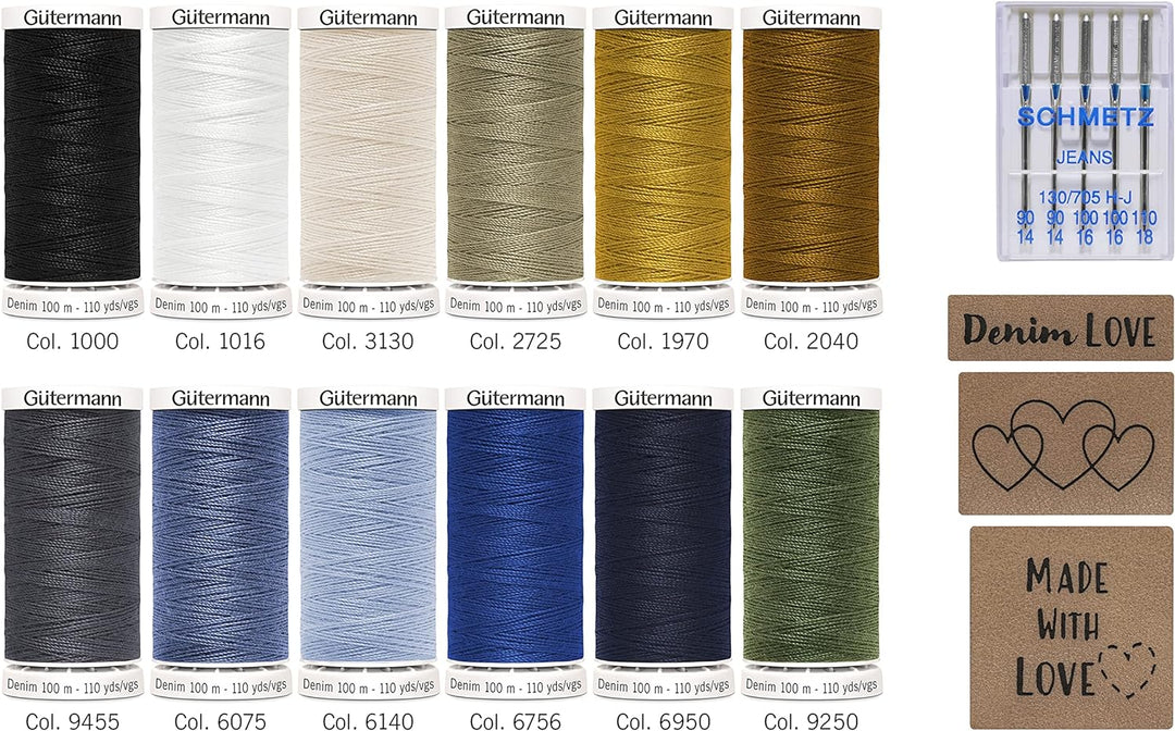 Gütermann Creativ Denim-Box mit 12 Spulen Profi-Jeansfaden Denim 100 m, 5 Jeans-Nähmaschinennadeln v