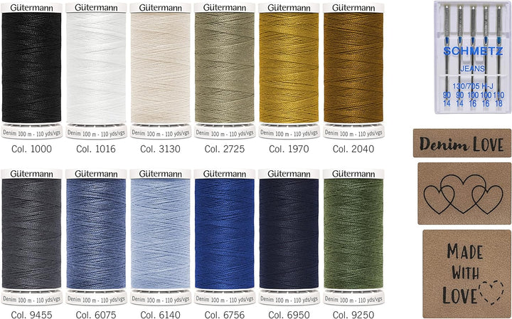 Gütermann Creativ Denim-Box mit 12 Spulen Profi-Jeansfaden Denim 100 m, 5 Jeans-Nähmaschinennadeln v