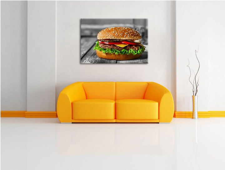 appetitlicher Cheeseburger schwarz/weiss Format: 100x70 auf Leinwand, XXL riesige Bilder fertig gera
