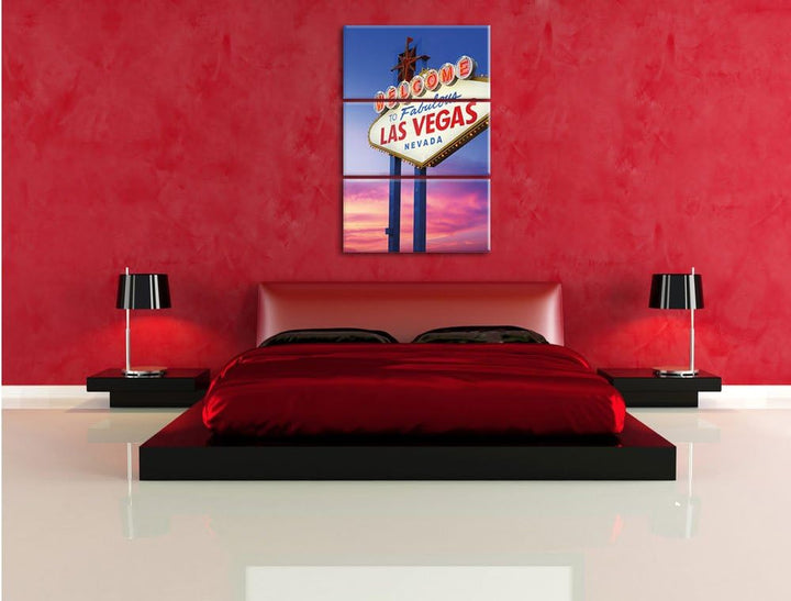 Pixxprint Las Vegas Schild in der Dämmerung als Leinwandbild | Grösse: 3 Teilig (120x80) | Wandbild|