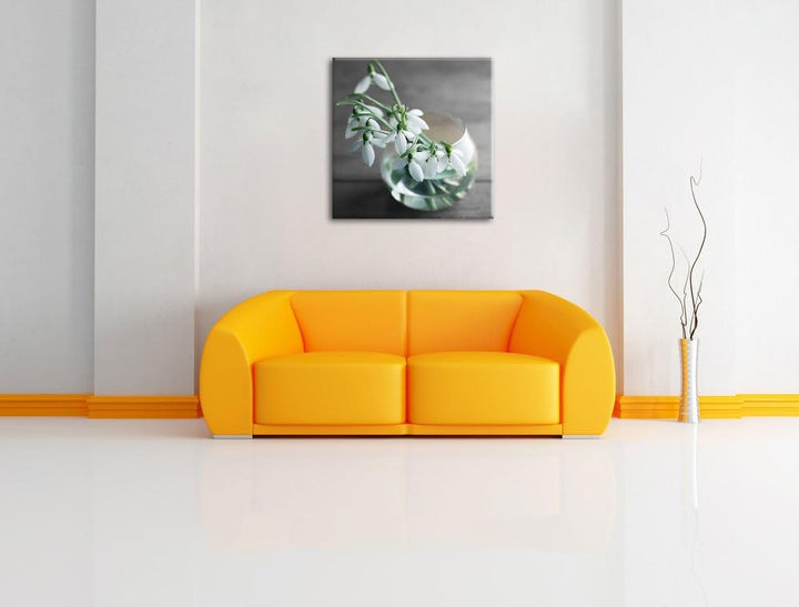 Pixxprint Schneeglöckchen in der Vase Schwarz/Weiss, Format: 70x70 auf Leinwand, 70x70
