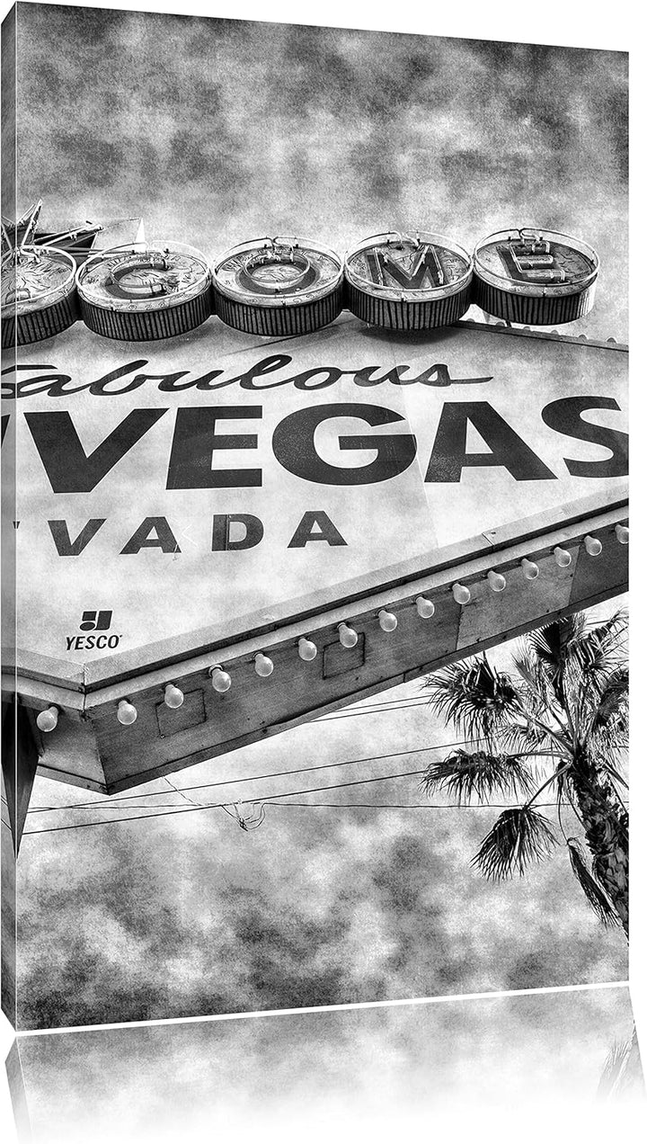 Pixxprint Monocrome, Las Vegas Ortseingangsschild im Retro Look, Format: 100x70 auf Leinwand, XXL ri
