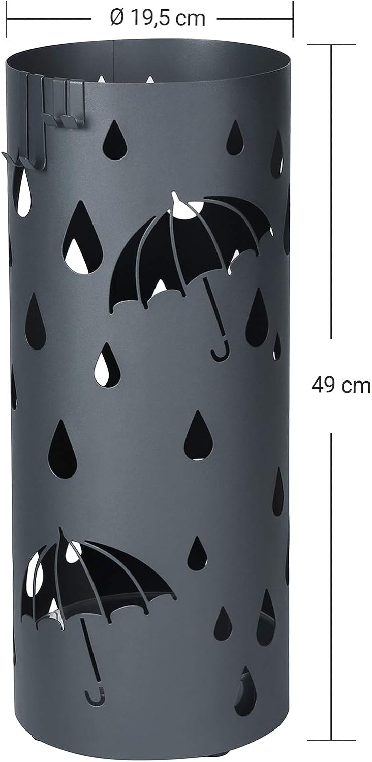 SONGMICS Regenschirmständer aus Metall, runder Schirmständer, mit Wasserauffangschale und Haken, 49