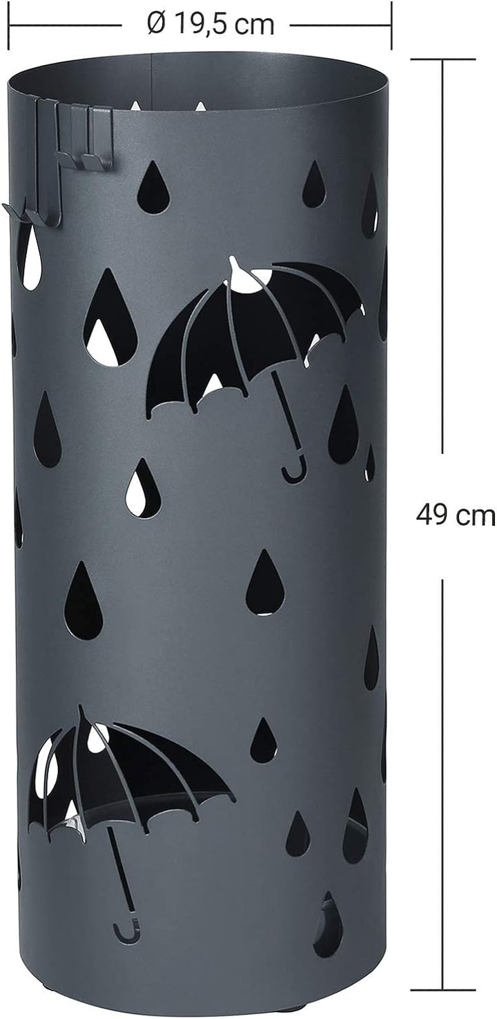 SONGMICS Regenschirmständer aus Metall, runder Schirmständer, mit Wasserauffangschale und Haken, 49