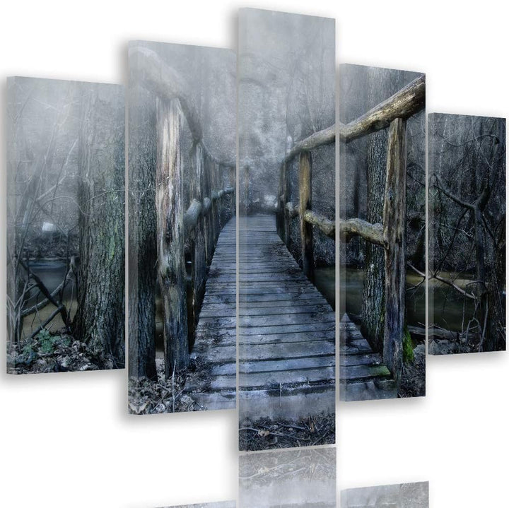 Feeby Wanddeko XXL Abstrakt Leinwandbild 5 Teilig Landschaft Brücke grau 100x70 cm Leinwandbild 100x