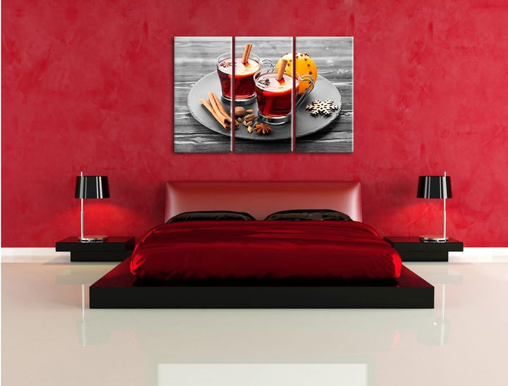 Pixxprint Aromatischer Glühwein mit Zimt Schwarz/Weiss 3-Teiler Leinwandbild 120x80 Bild auf Leinwan