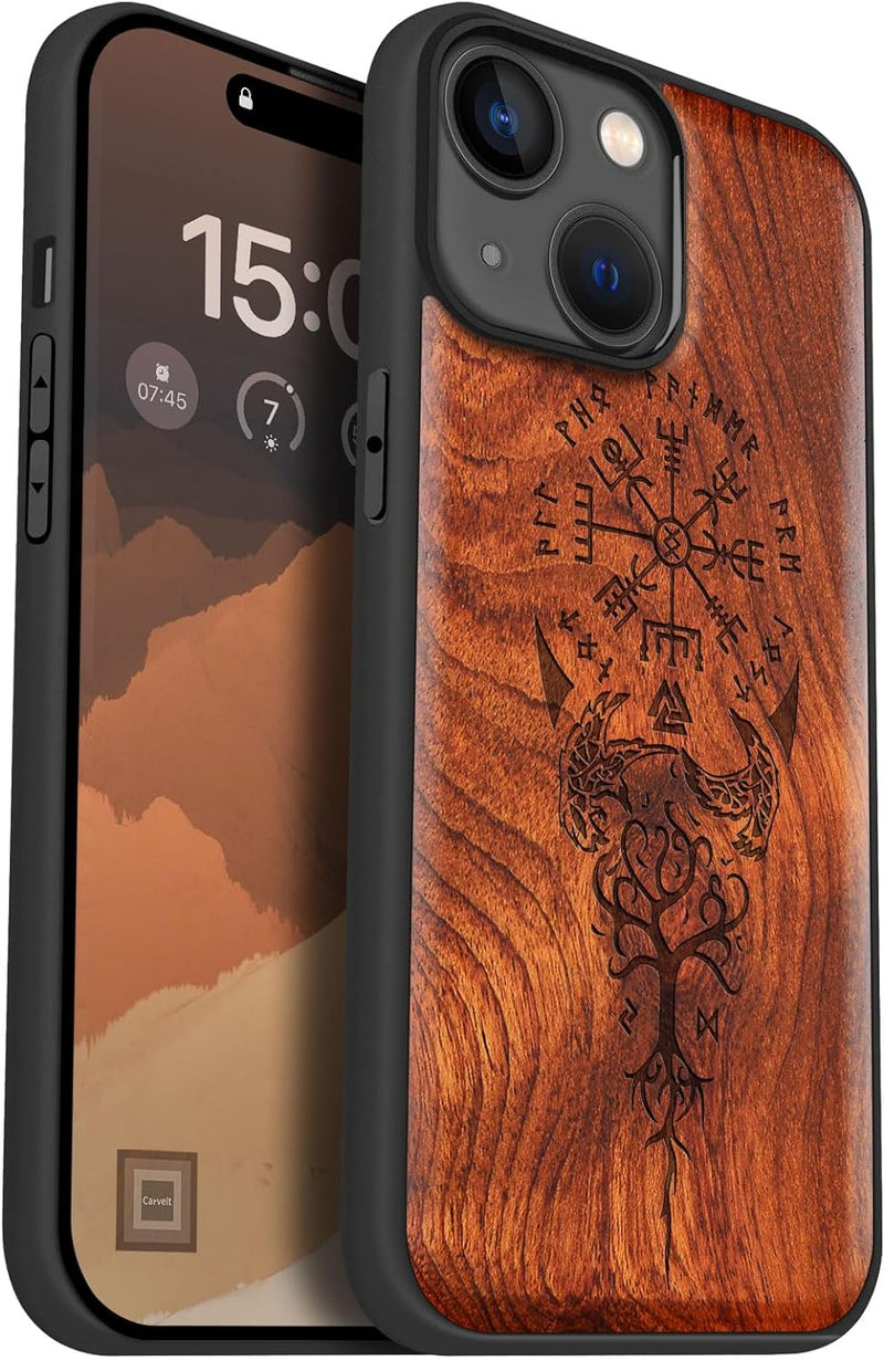 Carveit Holz Cover für iPhone 15 hülle, Kompatibel mit Magsafe Silikon Stossfeste Cover, Magnetisch