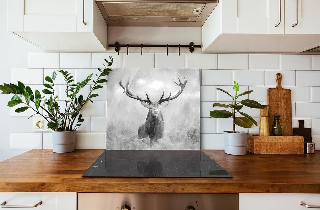 Grosser Hirsch im Feld Kunst Herdabdeckplatte & Spritzschutz aus Echtglas | Für Herd-Kochfelder | 60