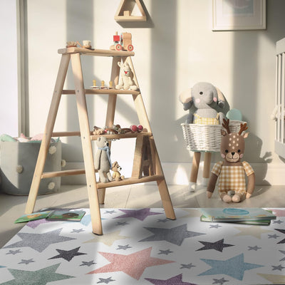 payé Teppich Kinderzimmer Läufer - Cream Bunt - 80x150cm - Sterne in Pastellfarben Sternenteppich Sp