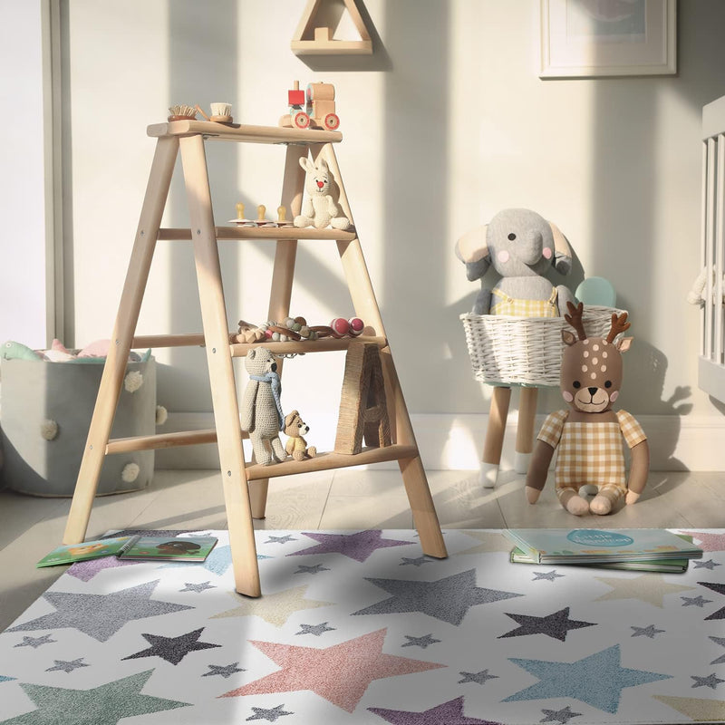 payé Teppich Kinderzimmer - Cream Bunt - 140x200cm - Sterne in Pastellfarben Sternenteppich Spieltep