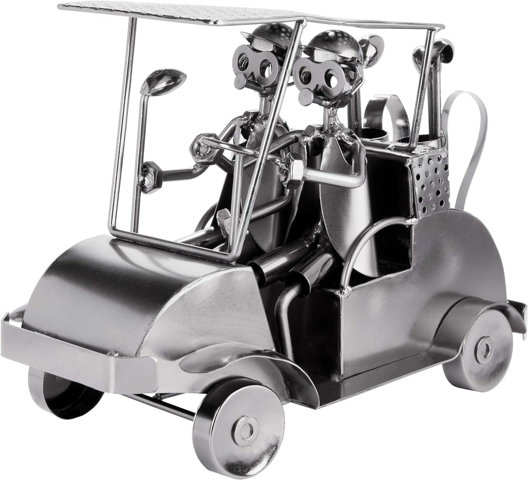 BRUBAKER Schraubenmännchen Golfcart - Handarbeit Eisenfigur Metallmännchen Golf - 24 cm Metallfigur