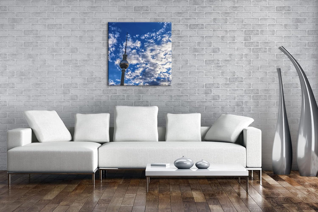 Spitze des Berliner Fernsehturms Format: 70x70 cm als Leinwandbild, Motiv fertig gerahmt auf Echthol