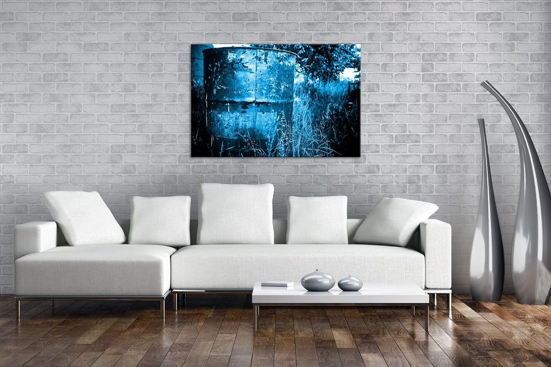 rostiger roter Container in der Natur Format 80x60 Effekt: Monocrome Blau als Leinwandbild, Motiv fe