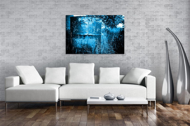 rostiger roter Container in der Natur Format 80x60 Effekt: Monocrome Blau als Leinwandbild, Motiv fe
