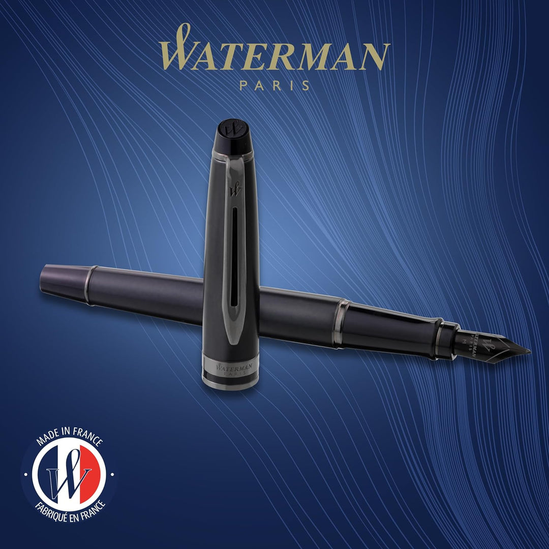 Waterman Expert Füller | Schwarze Metallic-Lackierung mit Ruthenium-Zierteilen | Medium Edelstahlfed