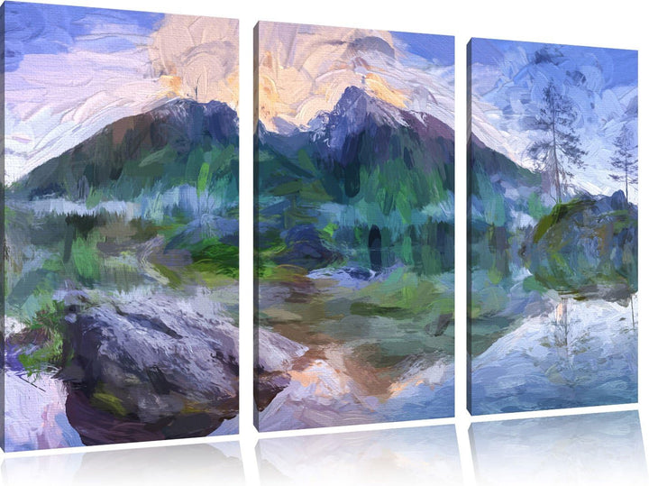 Pixxprint Sonnenaufgang am Hintersee Kunst / 3-Teilig/Gesamtmass 120cm Leinwandbild bespannt auf Hol