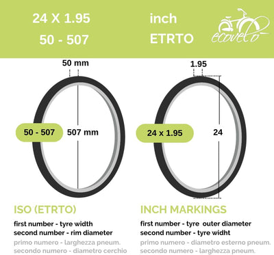 Ecovelò Kinder Kameras 2 MTB Reifen 24 x 1,95 (50-507) + Kammern, Schwarz, 24 X 1.95