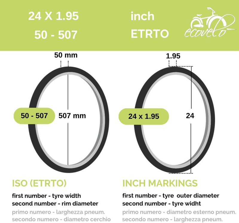 Ecovelò Kinder Kameras 2 MTB Reifen 24 x 1,95 (50-507) + Kammern, Schwarz, 24 X 1.95