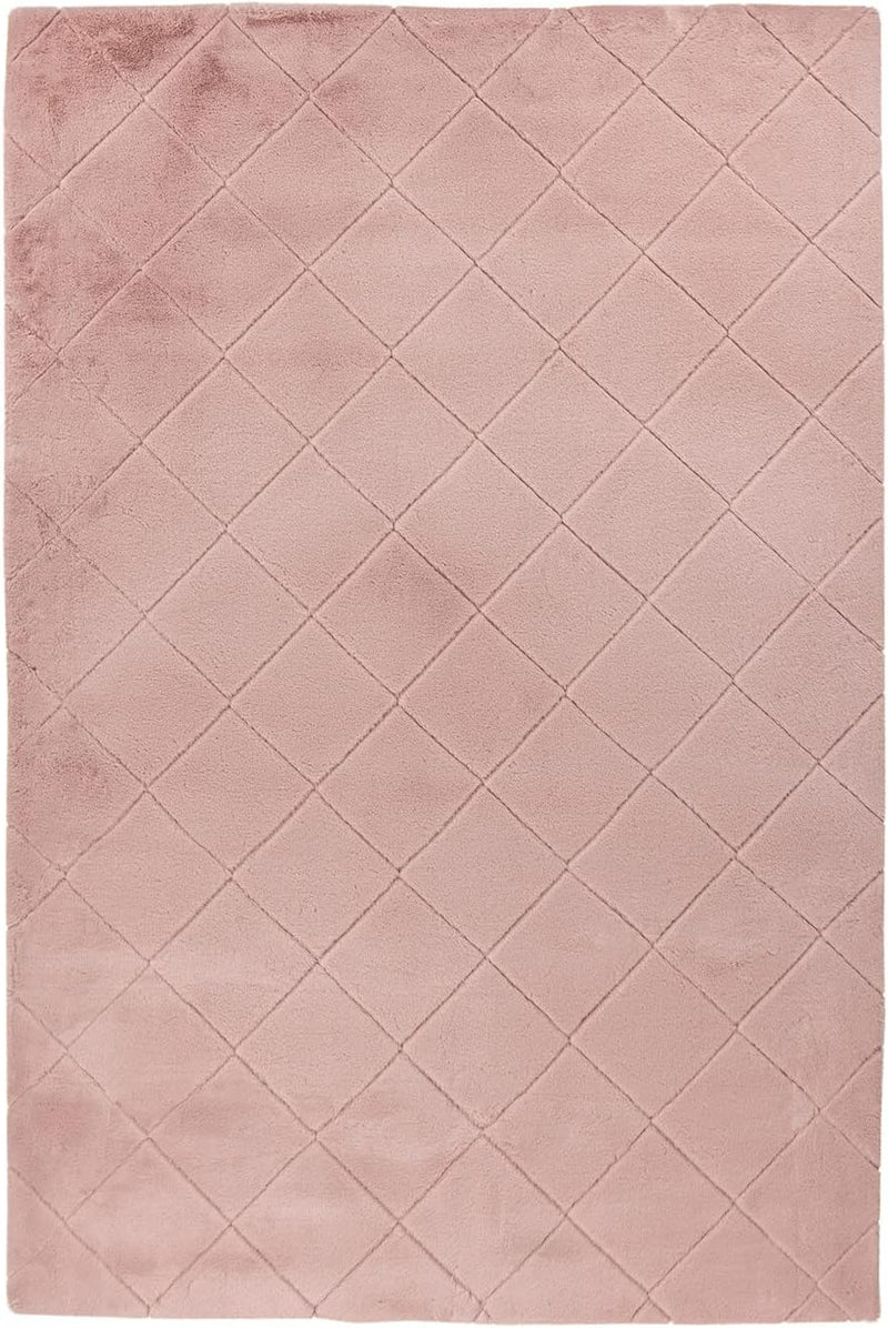 payé Teppich - Wohnzimmer Kuschwelweich 80x150cm Powder Pink Flauschig Karo Muster Modern Deko Teppi