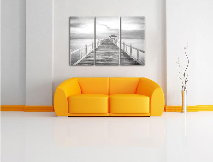 Pixxprint Steg ins Meer bei Sonnenuntergang Kohle Zeichnung Effekt 3-Teiler Leinwandbild 120x80 Bild