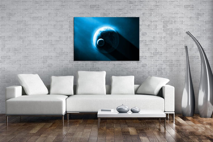 deyoli Dark Planet Erde mit Mond Format 80x60 Effekt: Monocrome Blau als Leinwandbild, Motiv fertig
