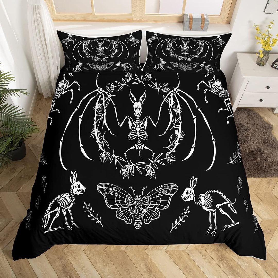 Loussiesd Sch?del Bettbezug Fledermaus Skelett Bettw?sche Set Boho Motte Gothic Sch?del Bettw?sche-S