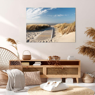 Bilder auf Leinwand 100x70cm Leinwandbild Strand Meer Fussgängerbrücke Ufer Gross Wanddeko Bild Schl