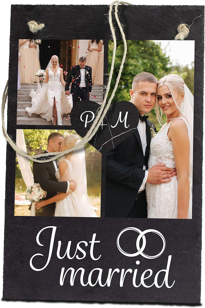 wandmotiv24 Schiefertafel Hochzeit Just Married, Aufhängeschild mit Strick, Personalisierbar Digital