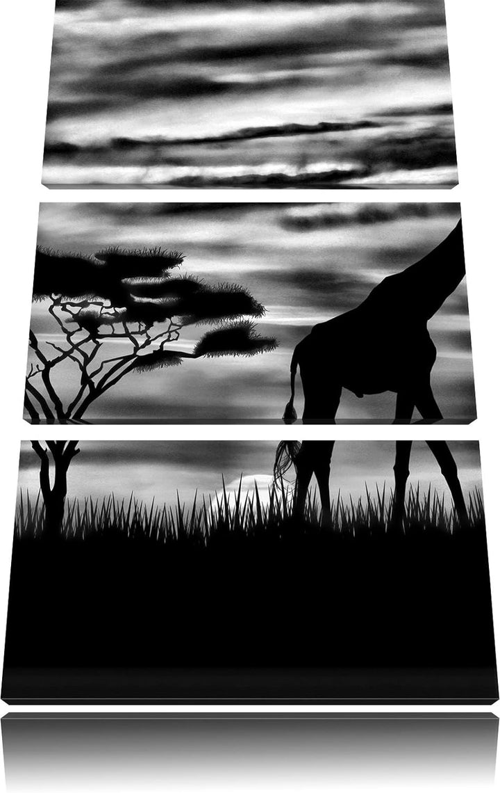 Pixxprint Monocrome, Afrika Giraffen im Sonnenuntergang 3-Teiler Leinwandbild 120x80 Bild auf Leinwa