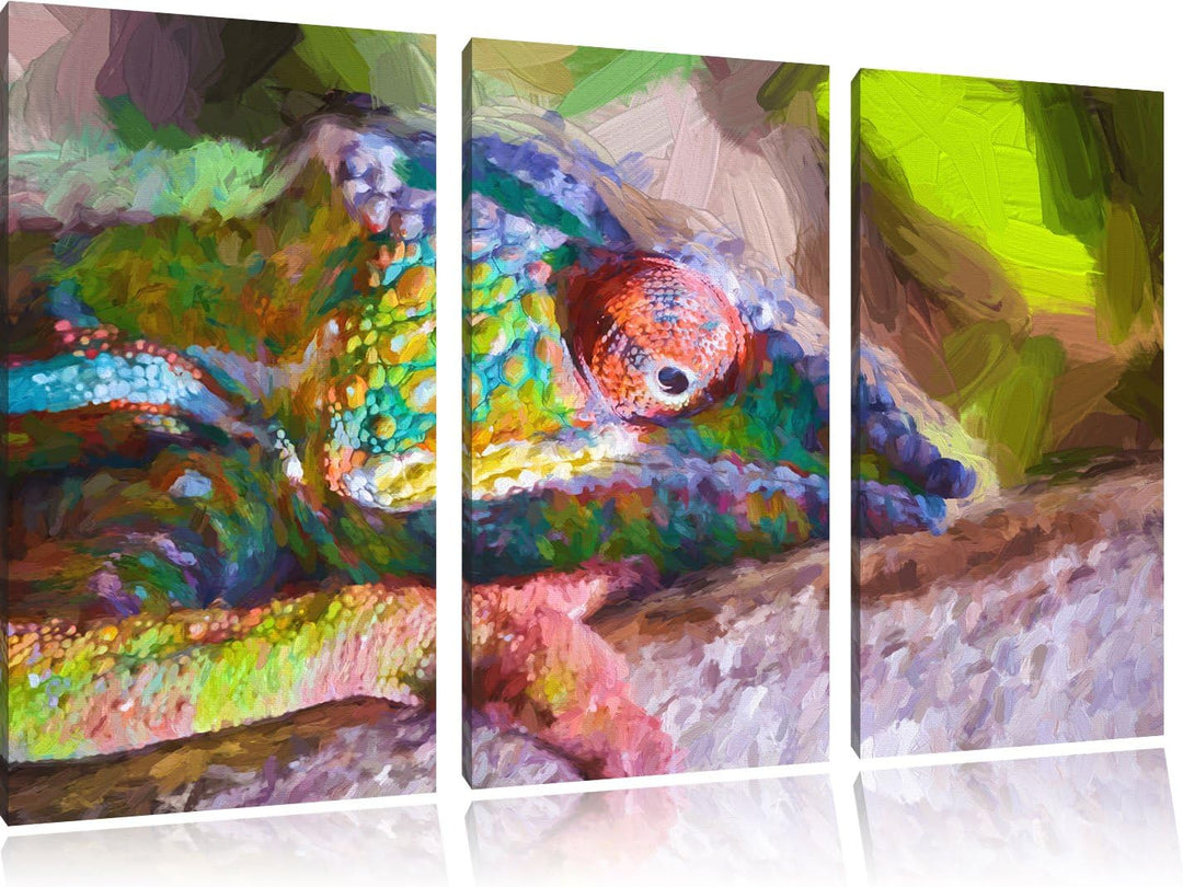 Pixxprint Chamäleon aus Madagaskar Kunst / 3-Teilig/Gesamtmass 120cm Leinwandbild bespannt auf Holzr