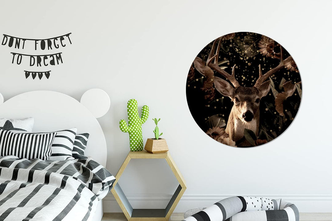 MuchoWow Wandbild Rund Wanddeko Deko Wohnzimmer Bilder 90x90 cm Hirsche - Blumen - Licht - Botanisch