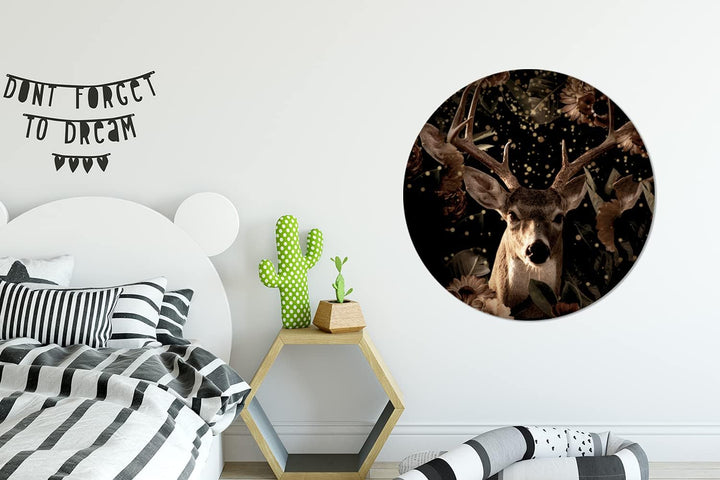 MuchoWow Wandbild Rund Wanddeko Deko Wohnzimmer Bilder 90x90 cm Hirsche - Blumen - Licht - Botanisch