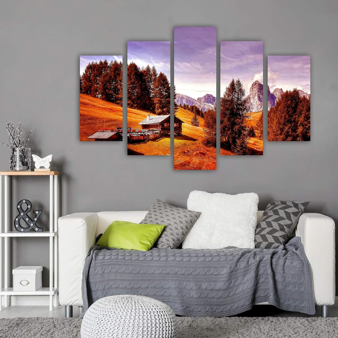 Feeby Wandbild Berge 200x100 cm Deco Panel 5 Teilig XXL Kunstdruck Hütte Bäume rot Deco panel XXL 20