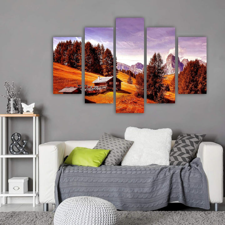 Feeby Wandbild Berge 200x100 cm Deco Panel 5 Teilig XXL Kunstdruck Hütte Bäume rot Deco panel XXL 20