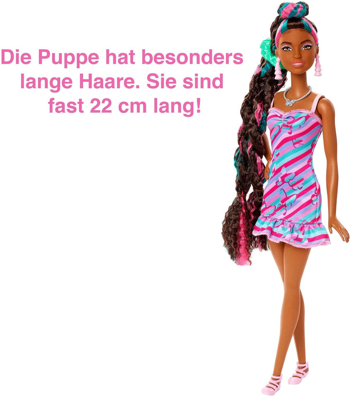 Barbie Totally Hair, Barbie-Puppe mit blauem, rosa & schwarzem Haar, buntes Schmetterlingskleid, Haa