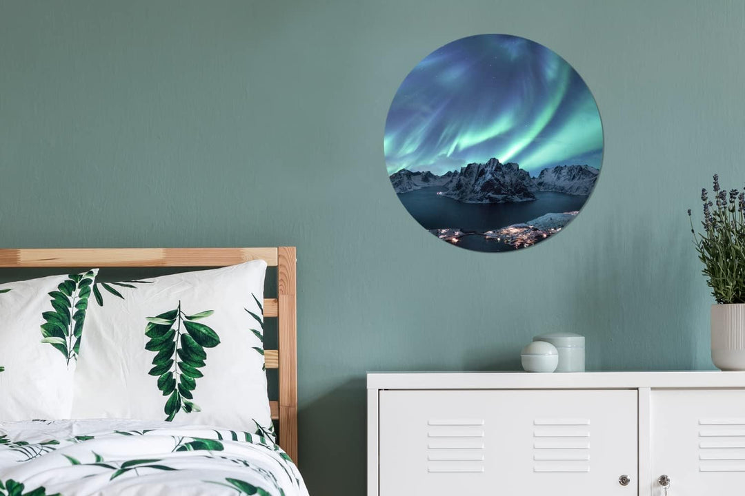 MuchoWow Wandbild Rund Wanddeko Deko Wohnzimmer Bilder 60x60 cm Nordlichter - Grün - Meer, 60x60 cm