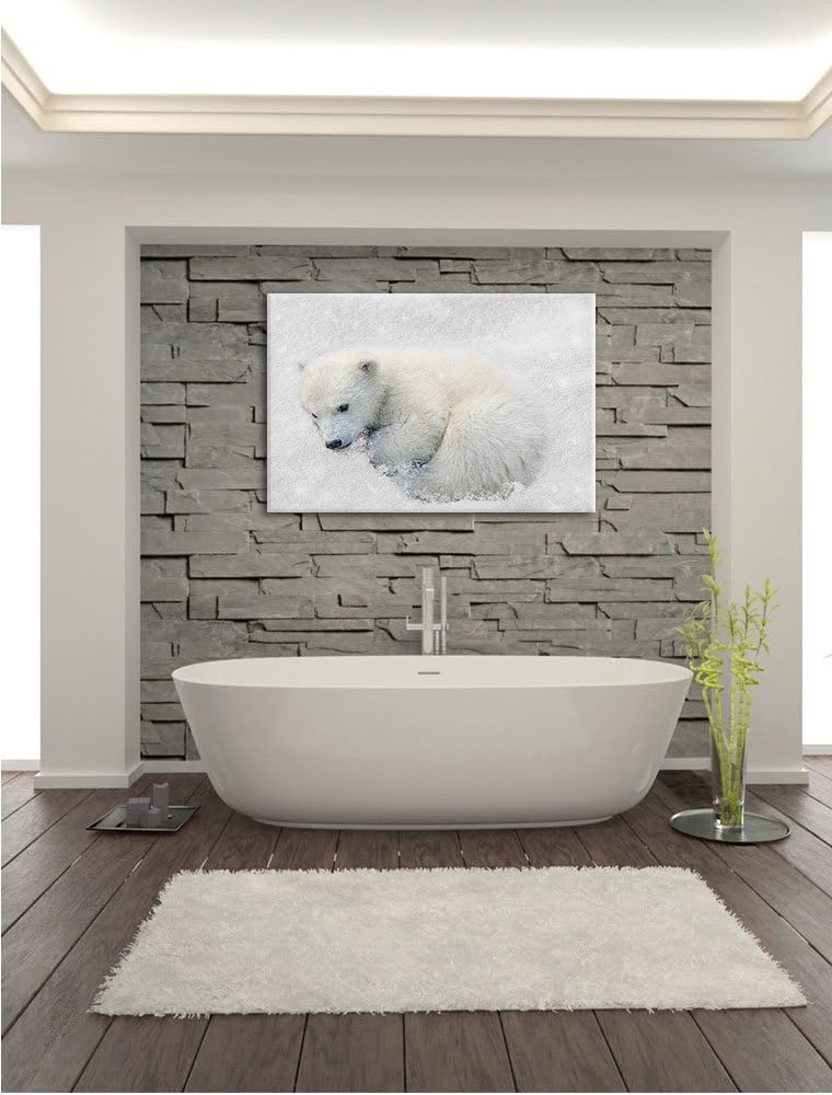 Pixxprint Süsser junger Eisbär im Schnee B&W Detail, Format: 100x70 auf Leinwand, 100x70