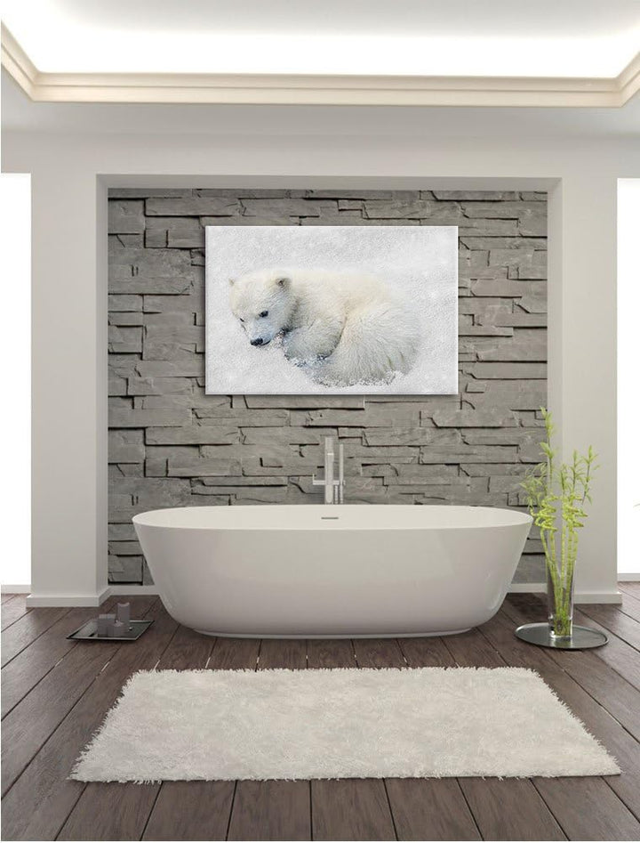 Pixxprint Süsser junger Eisbär im Schnee B&W Detail, Format: 100x70 auf Leinwand, 100x70