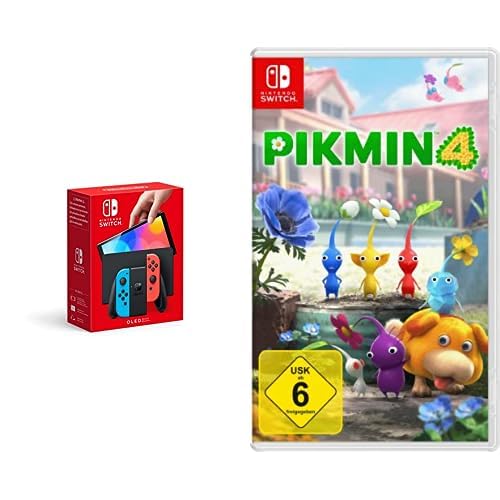 Nintendo Switch-Konsole (OLED-Modell) Neon-Rot/Neon-Blau + Pikmin 4 Switch