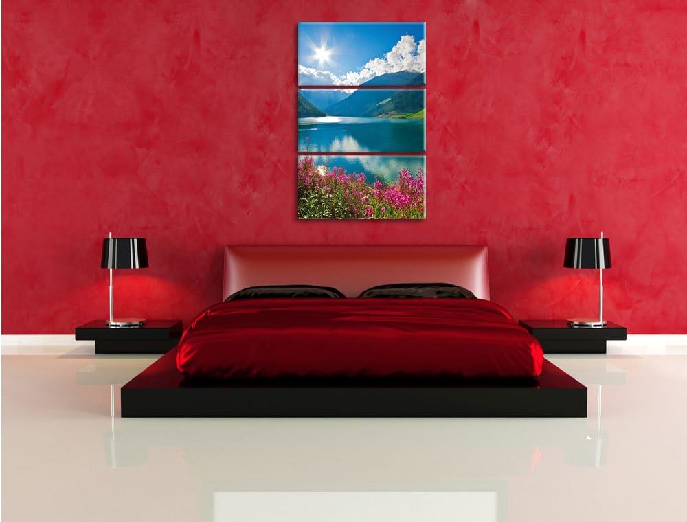 Pixxprint Blumenwiese See als Leinwandbild - Grösse: 3-Teilig (120x80cm) - Wandbild - Kunstdruck - f