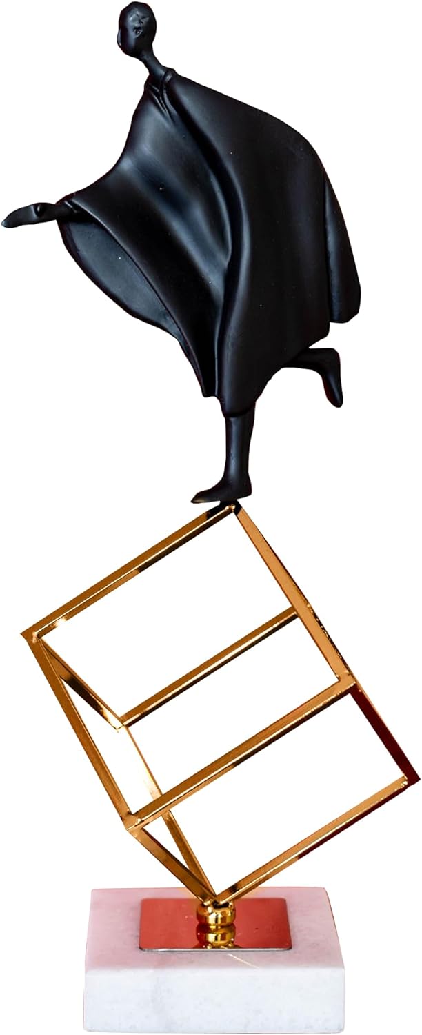 IDYL Moderne Skulptur Figur Resin mit Metall Mann auf Würfel |Masse: 15x15x43 cm | Material: Polyres